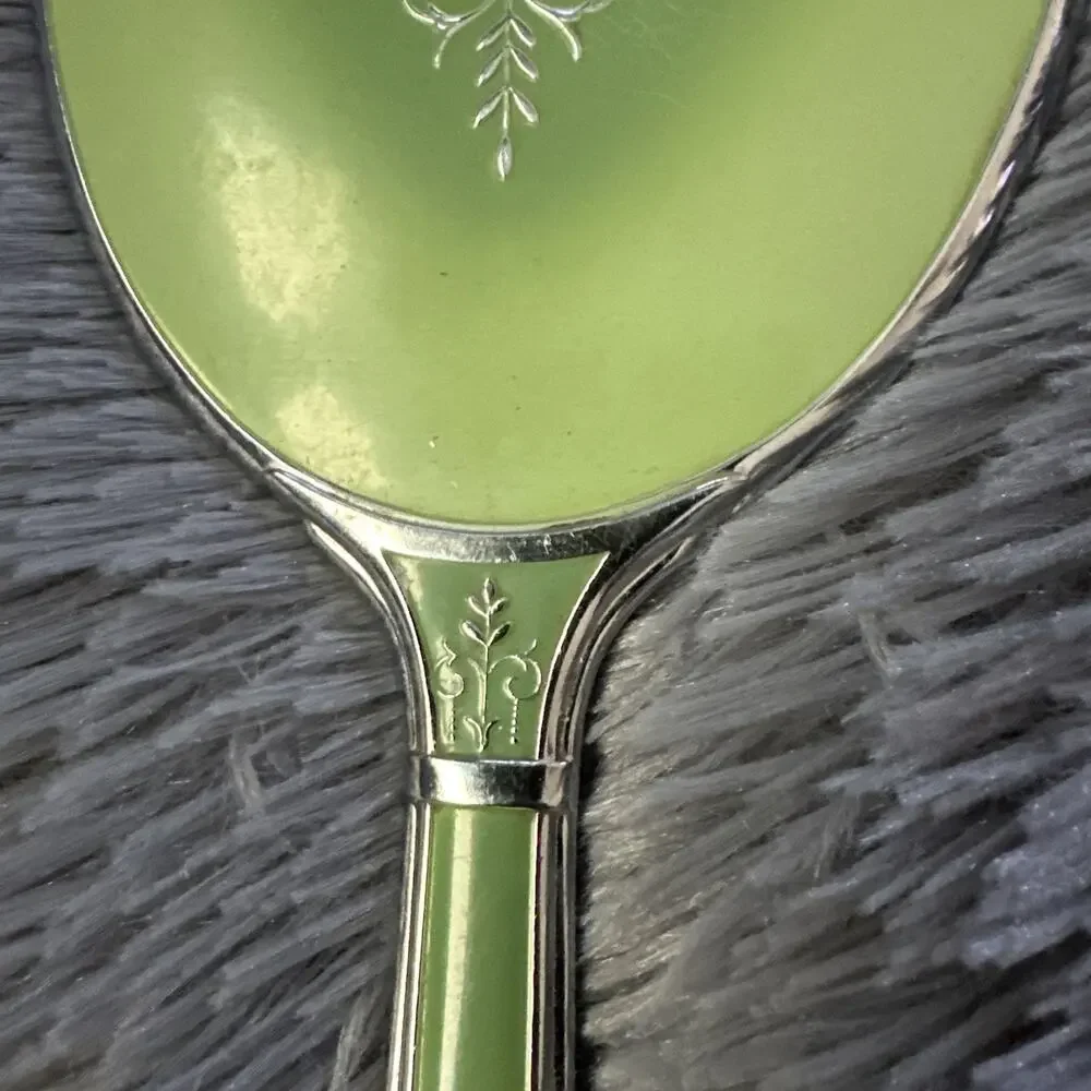 Art Deco Vintage Lime Green Enamel Hand Mirror Silver Tone Vanity